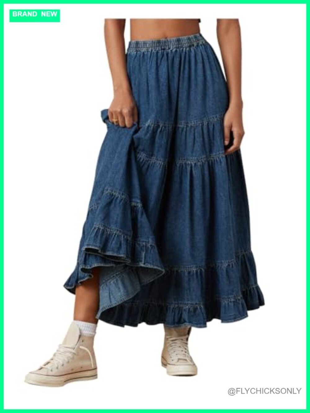 Chambray Maxi Skirt Elastic Waist Pleated Tiered Flowy Denim Skirt